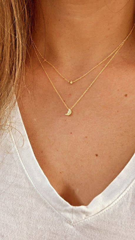 Gold Floating Moon & Star Necklace, Double Strand