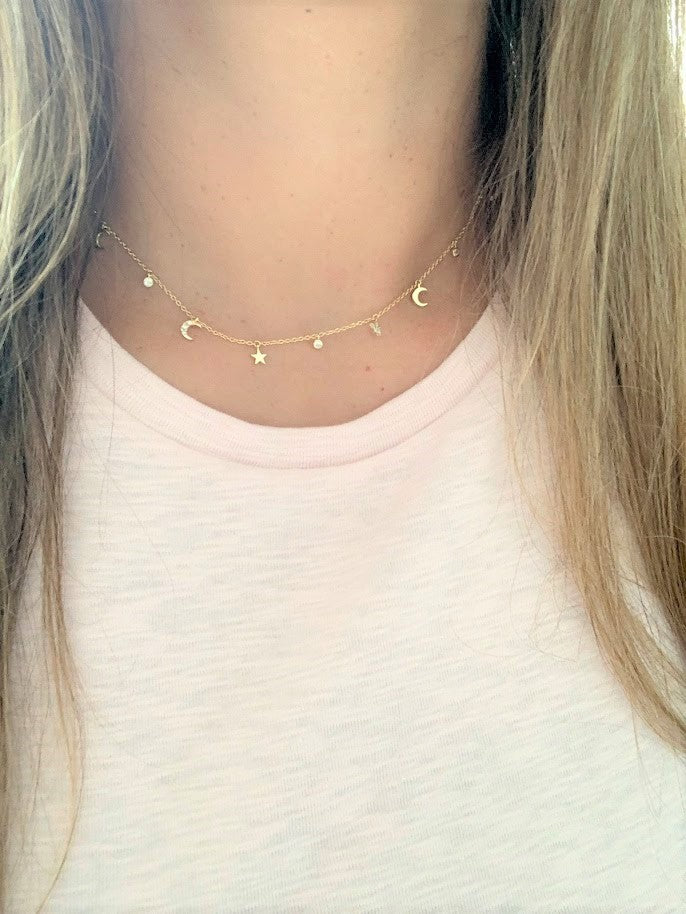 Moon and Stars Necklace, Dainty Necklace, Layering Necklace, Minimalist Jewelry, Star Necklace, Crescent Moon, Gold, Sterling Silver